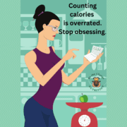 Cartoon girl obsessing over counting calories.