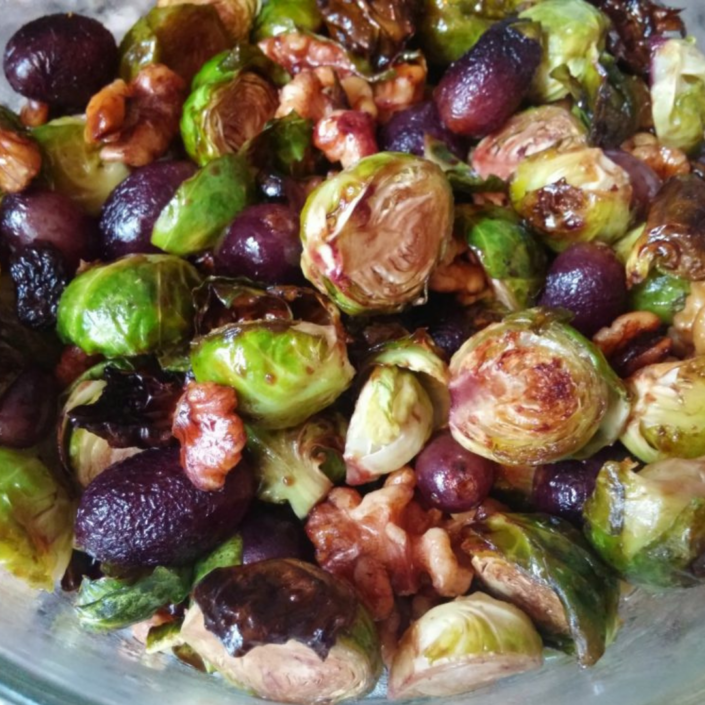 Brussels sprouts with walnuts and grapes.