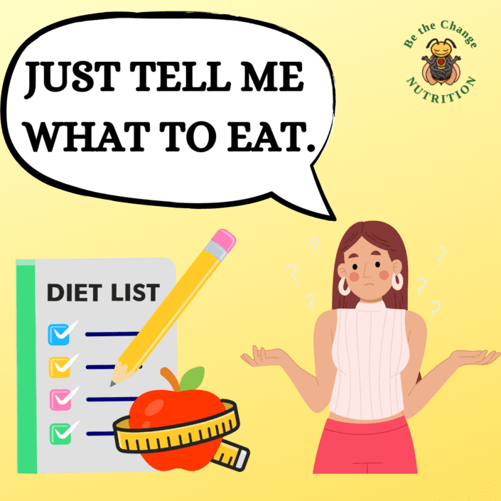 Cartoon with a confused girl not sure what to eat.