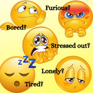 different faces with emotions like bored, tired, lonely, furious