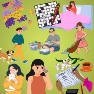 A toolbox of activities to manage emotions like doing a puzzle, reading, walking a dog, journaling.