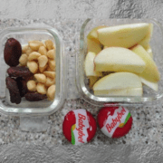 Snacks including nuts, cheese and fruit.