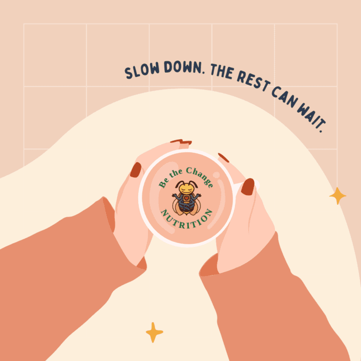 Cartoon hands holding a cup of coffee. Slow down. The rest can wait.