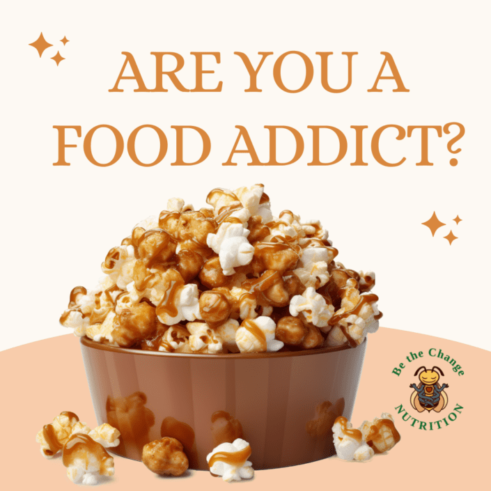 Bowl of caramel popcorn with the question: Are you a food addict?