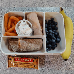 Bento box with carrots, blueberries, cottage cheese, turkey, banana, wrap and lara bar.