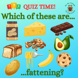 quiz with numerous foods like peanut butter and avocados asking which of these is fattening?