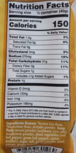 Nutrition facts panel for Lotus Foods ramen noodles.