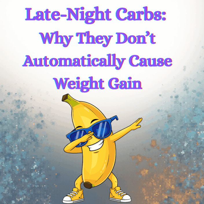 Banana with sunglasses saying late night carbs do not cause weight gain.