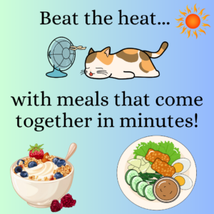 cat in front of fan, yogurt bowl and snack plate